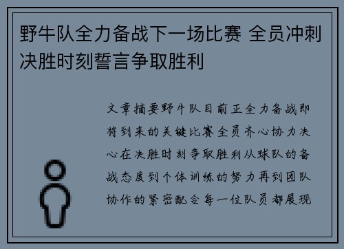 野牛队全力备战下一场比赛 全员冲刺决胜时刻誓言争取胜利