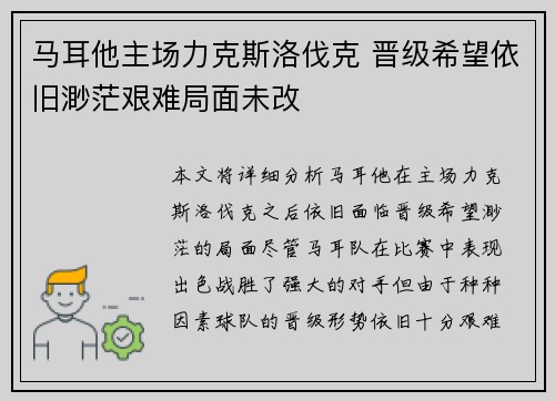 马耳他主场力克斯洛伐克 晋级希望依旧渺茫艰难局面未改