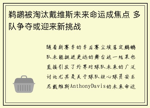 鹈鹕被淘汰戴维斯未来命运成焦点 多队争夺或迎来新挑战